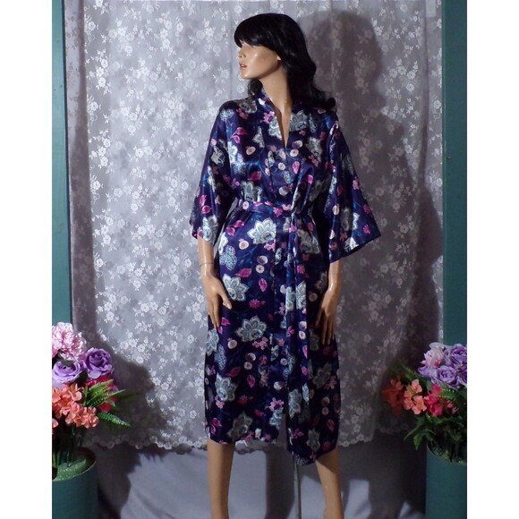 Vintage 80s Floral Robe 1980s Kimono Style Blue Purple Spring Lotus Size Medium - Picture 2 of 6